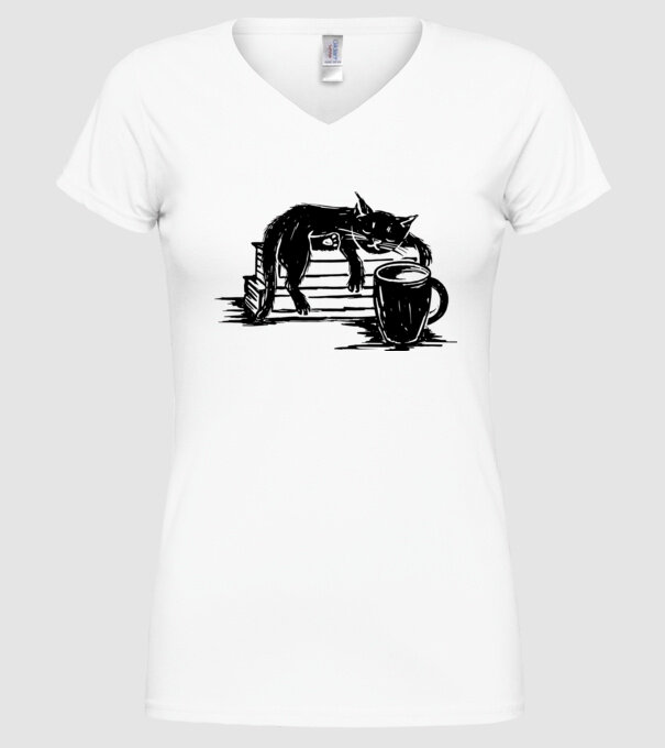 Pisică și cafea model alb pe tricou