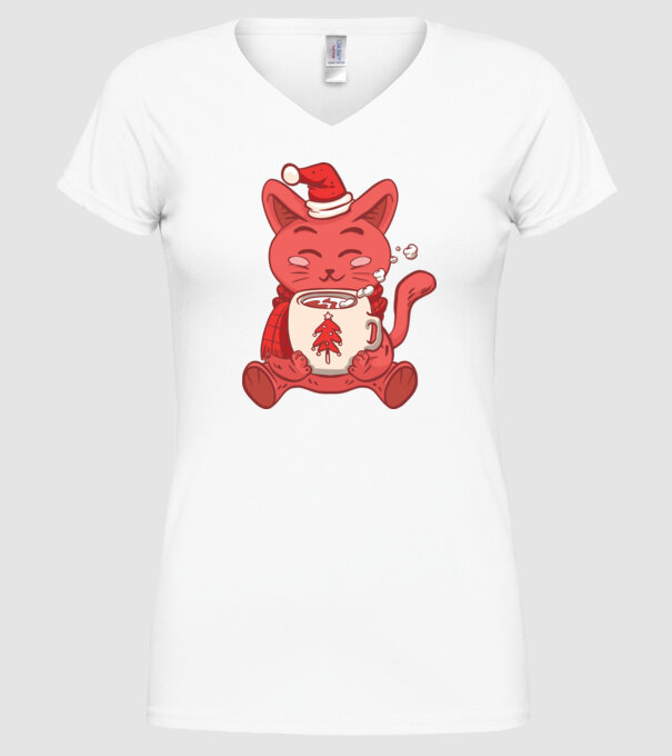 Pisică cu ciocolată caldă model alb pe tricou