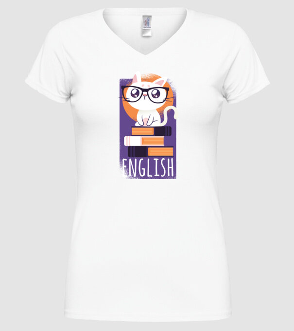 Pisică cu cărți model alb pe tricou