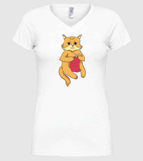 Pisică croșetând model alb pe tricou