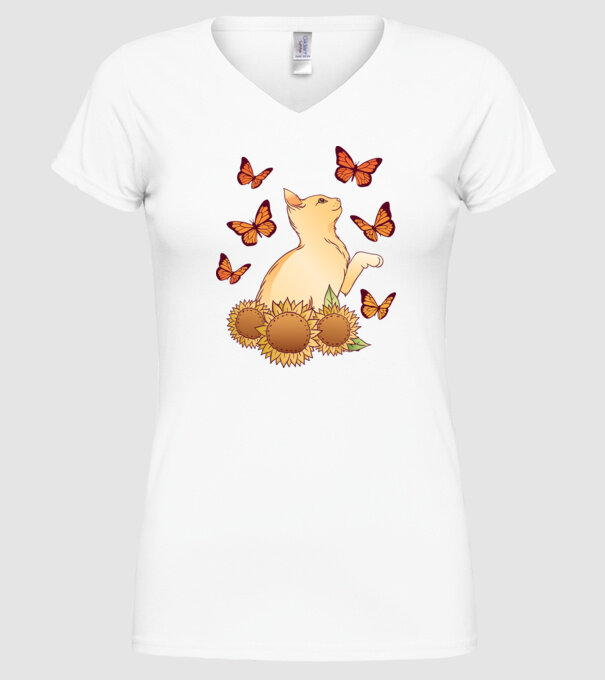 Pisică cu fluturi model alb pe tricou