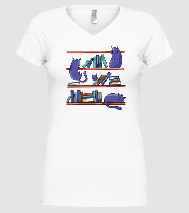 Pisici pe raftul de cărți model alb pe tricou