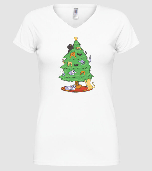 pom de Crăciun cu pisică model alb pe tricou