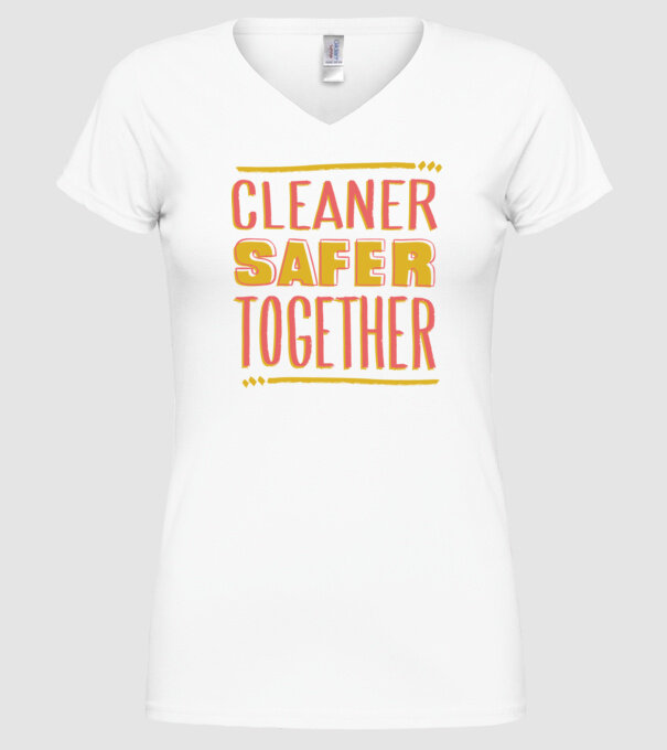 Cleaner Safer Together model alb pe tricou