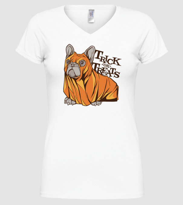 Trick or Treat Mops Halloween model alb pe tricou