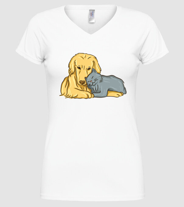 câine pisică drăguță împreună model alb pe tricou