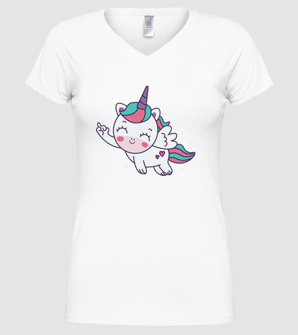 Unicorn drăguț arată degetul model alb pe tricou