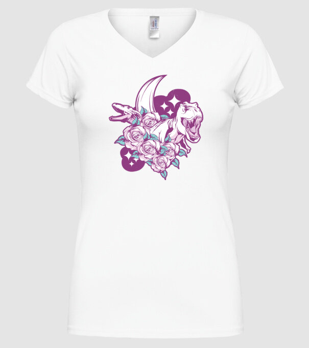 Dinozaur cu trandafiri model alb pe tricou