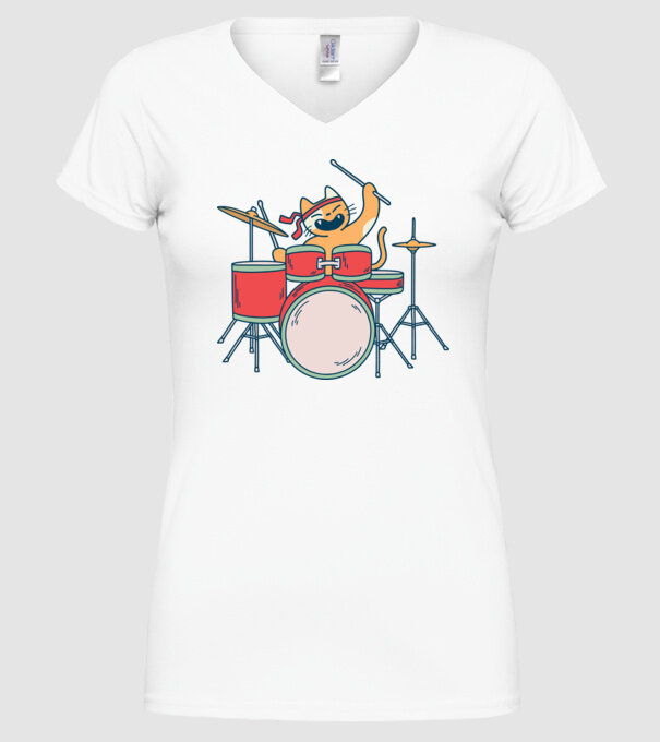 Pisică Baterist model alb pe tricou