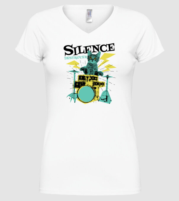 Pisică Baterist - Silence Destroyer model alb pe tricou
