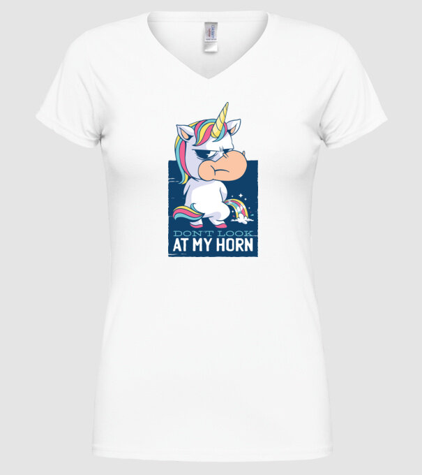 'Don''t look at my horn tricou amuzant unicorn' model alb pe tricou