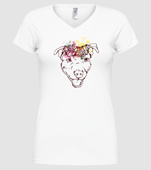 Floral Pitbull model alb pe tricou