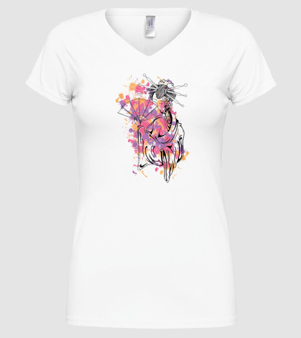 Geisha cu evantai model alb pe tricou