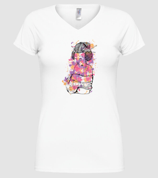 Geisha colorată model alb pe tricou