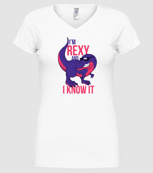 'I''m Rexy and I know it - tricou dinozaur amuzant' model alb pe tricou