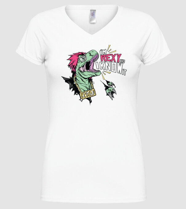 'I''m Rexy and I know it - tricou dinozaur amuzant' model alb pe tricou