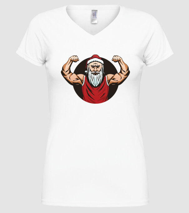 Moș Crăciun musculos model alb pe tricou