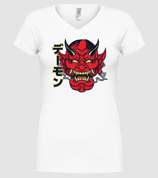 Mască demon chinez model alb pe tricou