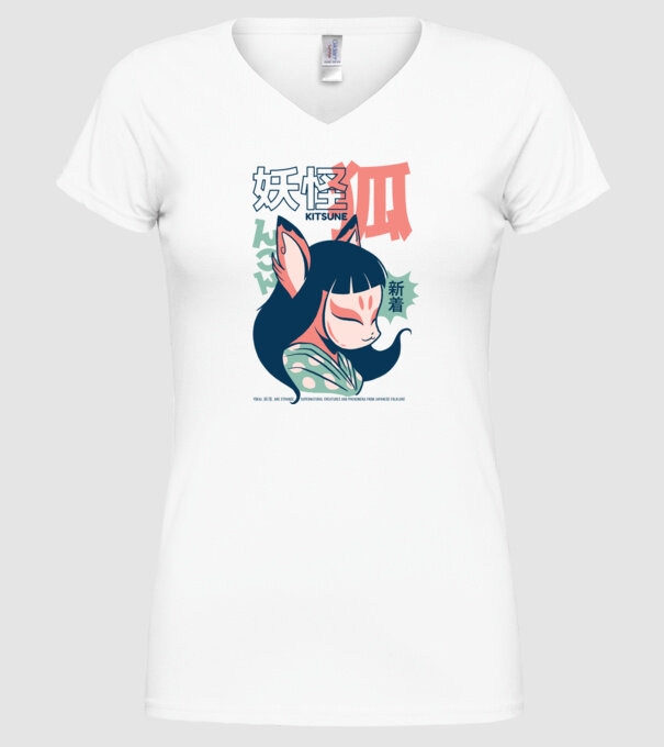 Kitsune Yokai Anime model alb pe tricou