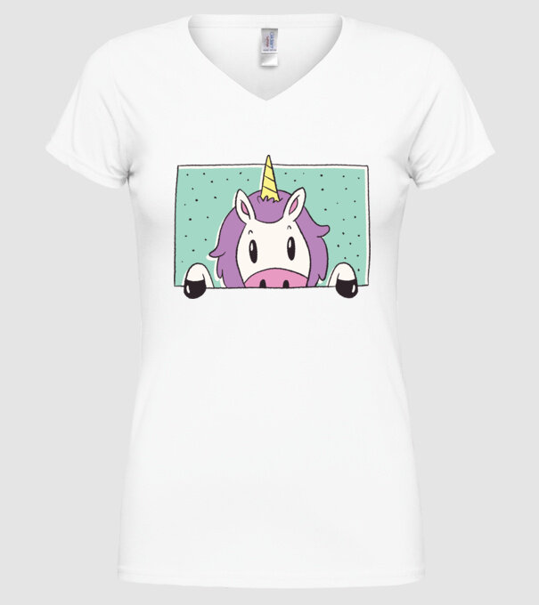 Unicorn curios model alb pe tricou