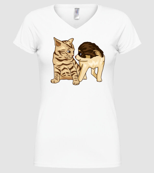 cuplu drăguț câine și pisică model alb pe tricou