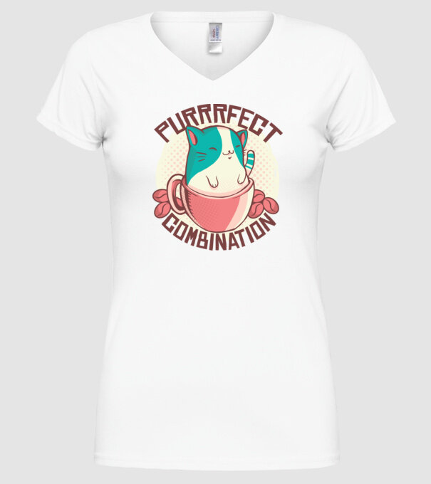 Purrrfect Combination Cafea cu pisică model alb pe tricou