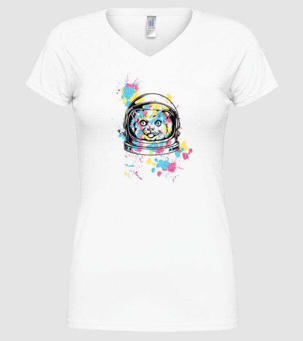 Space Cat model alb pe tricou