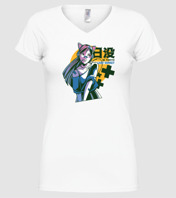 Fată Anime Sunset Tokyo model alb pe tricou
