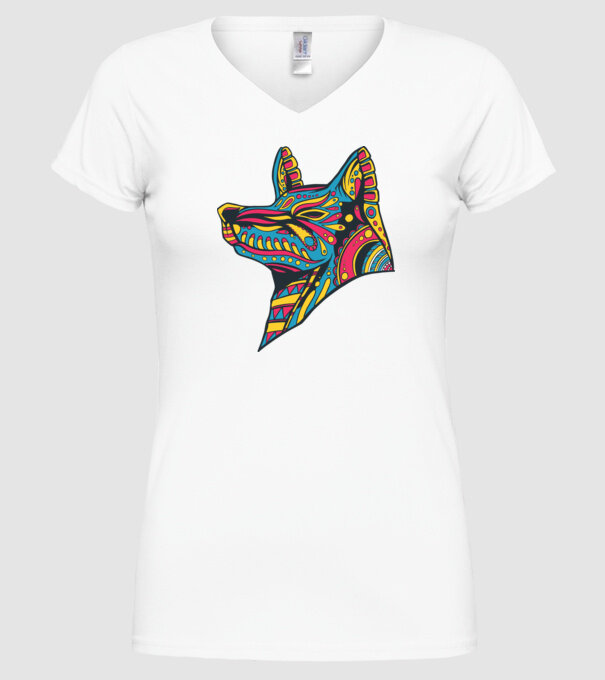 Cap de lup colorat model alb pe tricou
