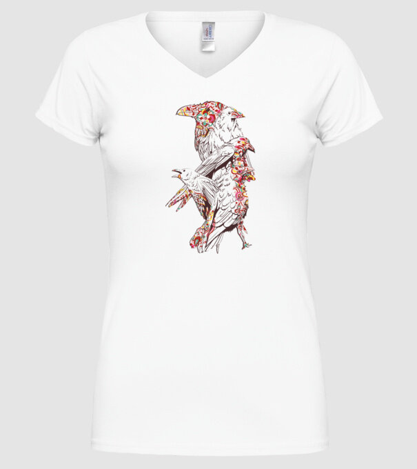 Păsări colorate model alb pe tricou
