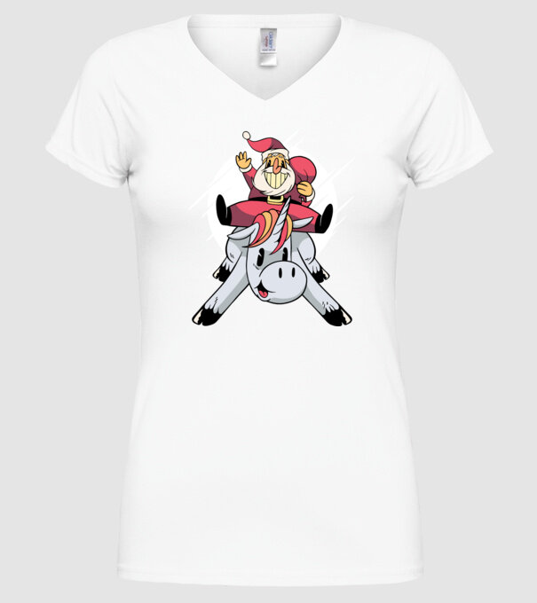 Moș Crăciun pe unicorn model alb pe tricou