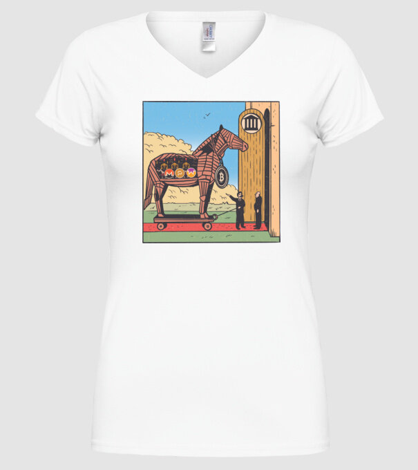 Cal troian Bitcoin model alb pe tricou