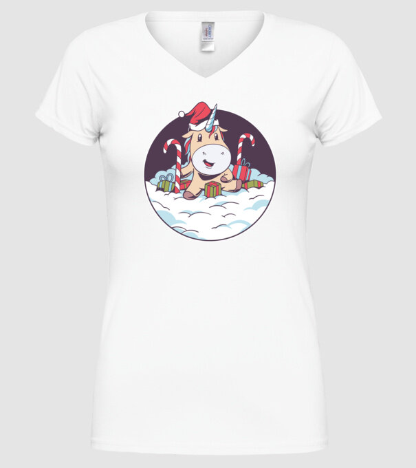Unicorn Moș Crăciun cu cadouri model alb pe tricou