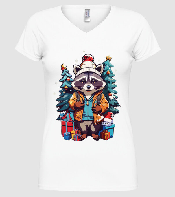 Crăciunul ratonilor model alb pe tricou