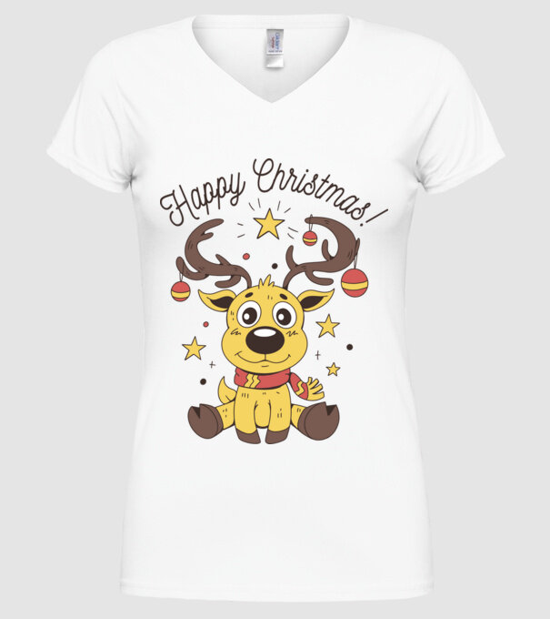 Happy Christmas Reindeer Alb model alb pe tricou