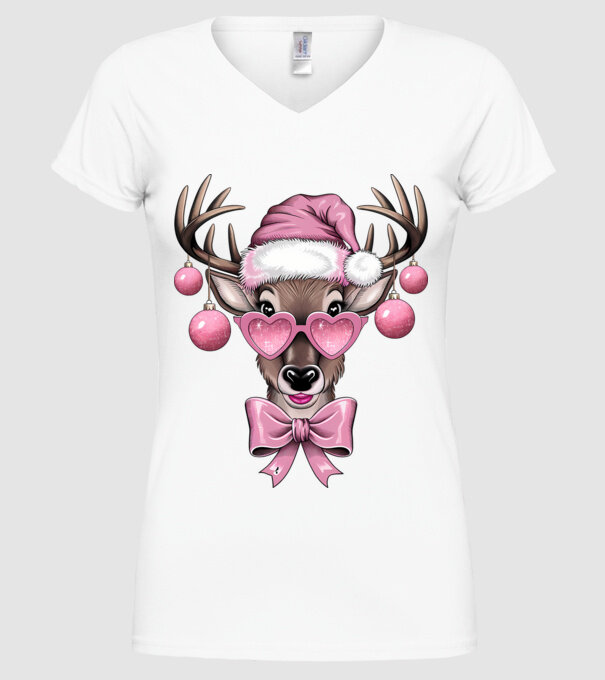 Pink Xmas Reindeer model alb pe tricou