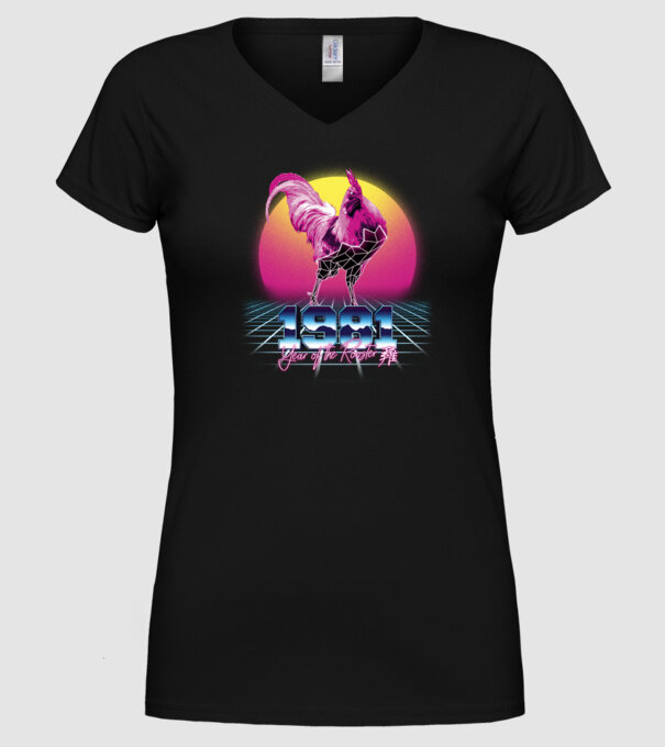 1981 Year of the Rooster model negru pe tricou
