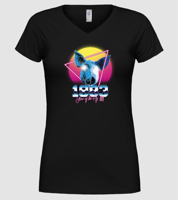 1983 Year of the Pig model negru pe tricou
