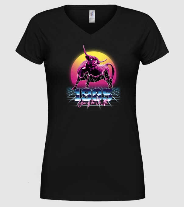 1985 Year of the Ox model negru pe tricou