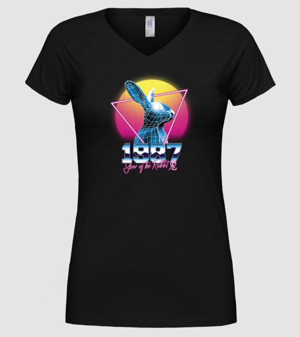1987 Year of the Rabbit model negru pe tricou