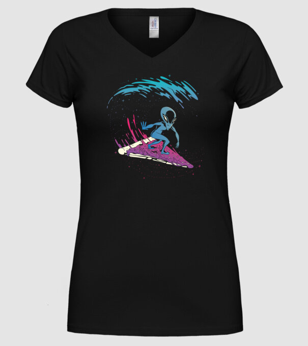 Alien Pizza Surf tricou amuzant model negru pe tricou