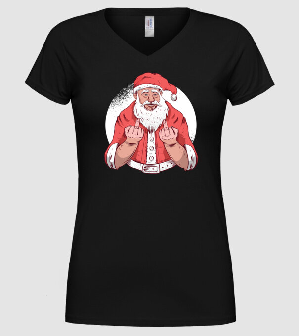 Moș Crăciun antisocial arată degetul model negru pe tricou