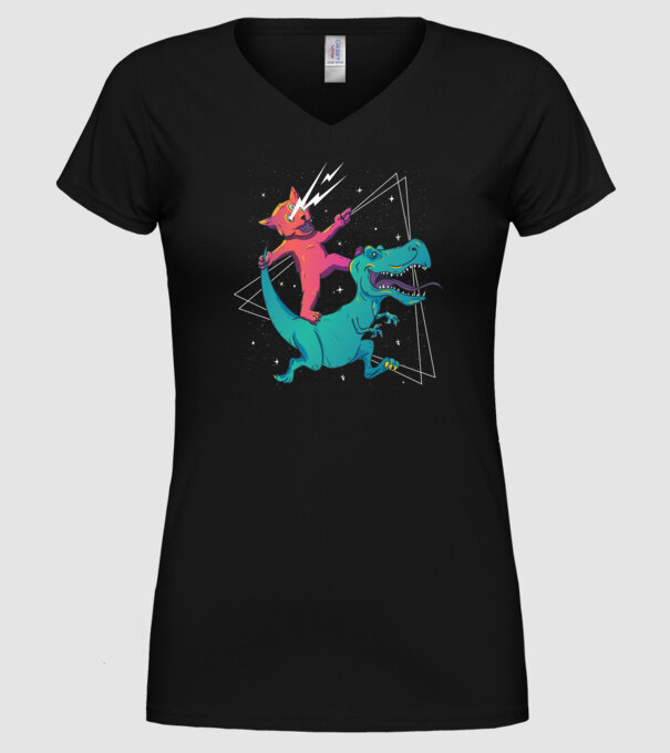 Pisică drogată pe dinozaur model negru pe tricou