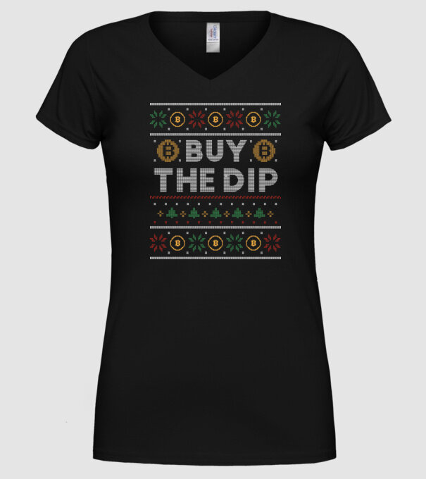 Buy the Dip Bitcoin Ugly Sweater model negru pe tricou