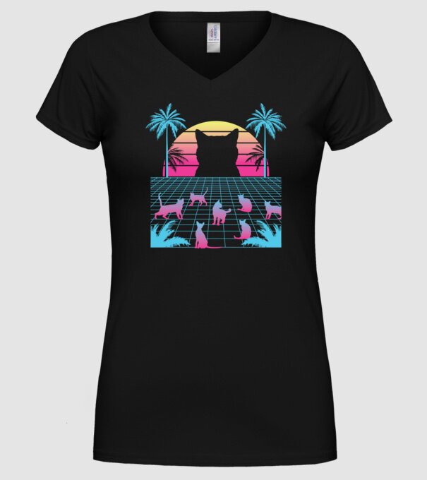 Pisică Vaporwave neon model negru pe tricou