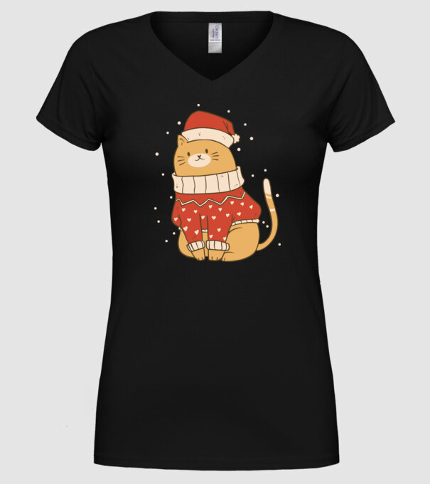 Pisică drăguță de Crăciun model negru pe tricou