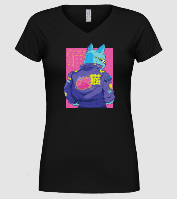 Pisică Cyberpunk model negru pe tricou