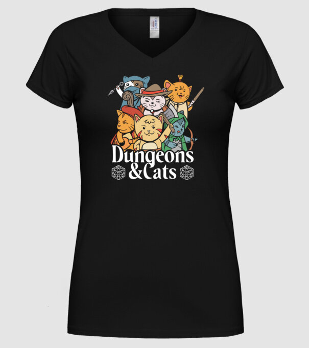 Dungeons and Cats - Joc de rol cu pisici model negru pe tricou