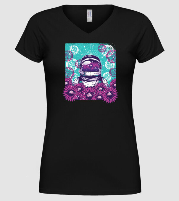Floral Astronaut model negru pe tricou