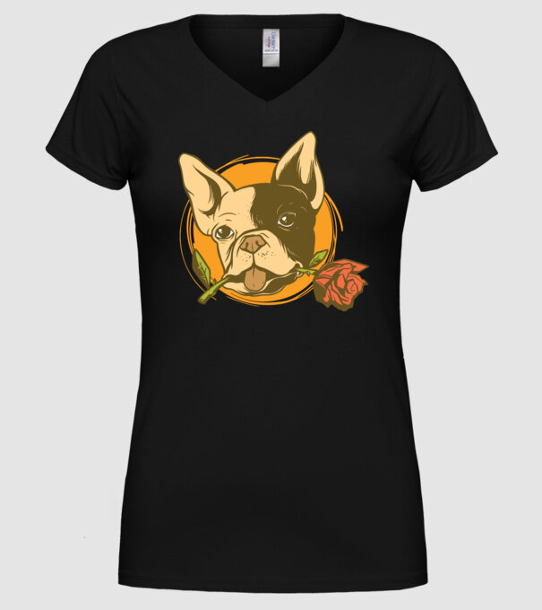 Bulldog francez cu trandafir model negru pe tricou